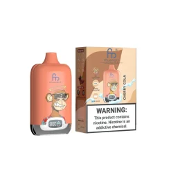 Fumot Digital Box 12000 Puffs Engangs Vape Engros 31 Fumot Digital Box 12K engangs vape i koral med stiliseret abekunst og digital pustetæller foran, vist ved siden af matchende Cherry Cola-produktæske med nikotinadvarsel.