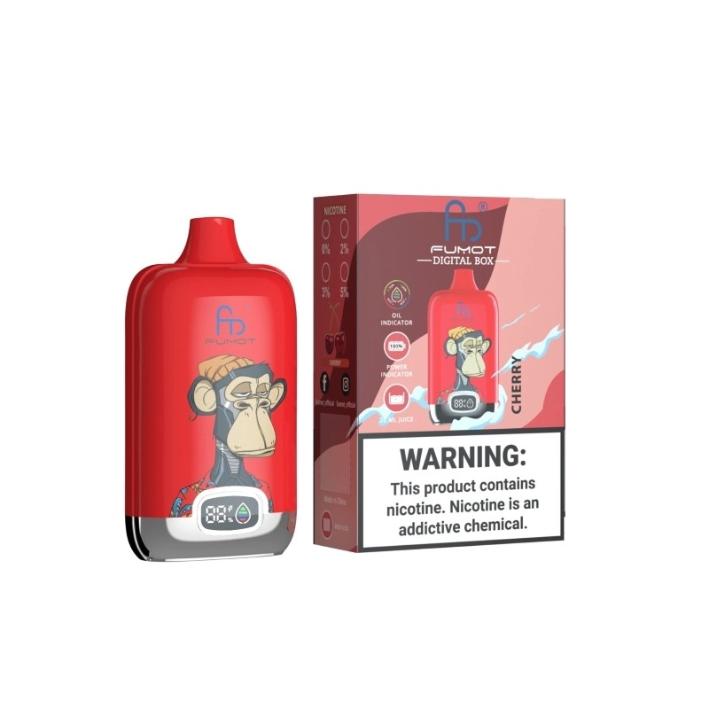 Fumot Digital Box 12000 Puffs Engangs Vape Engros 14 Fumot Digital Box 12K engangs vape i rød med stiliseret abekunst og digital pustetæller foran, vist ved siden af matchende Cherry-produktæske med nikotinadvarsel.