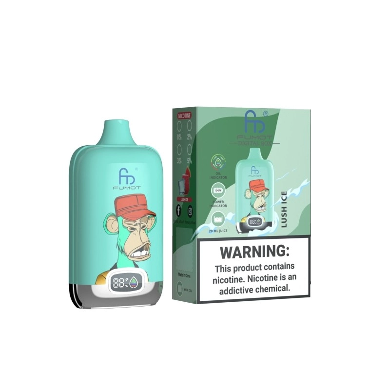 Fumot Digital Box 12000 Puffs Engangs Vape Engros 11 Fumot Digital Box 12K engangs vape i mintgrøn med stiliseret abekunst og digital pustetæller foran, vist ved siden af en matchende Lush Ice-produktæske med nikotinadvarsel.