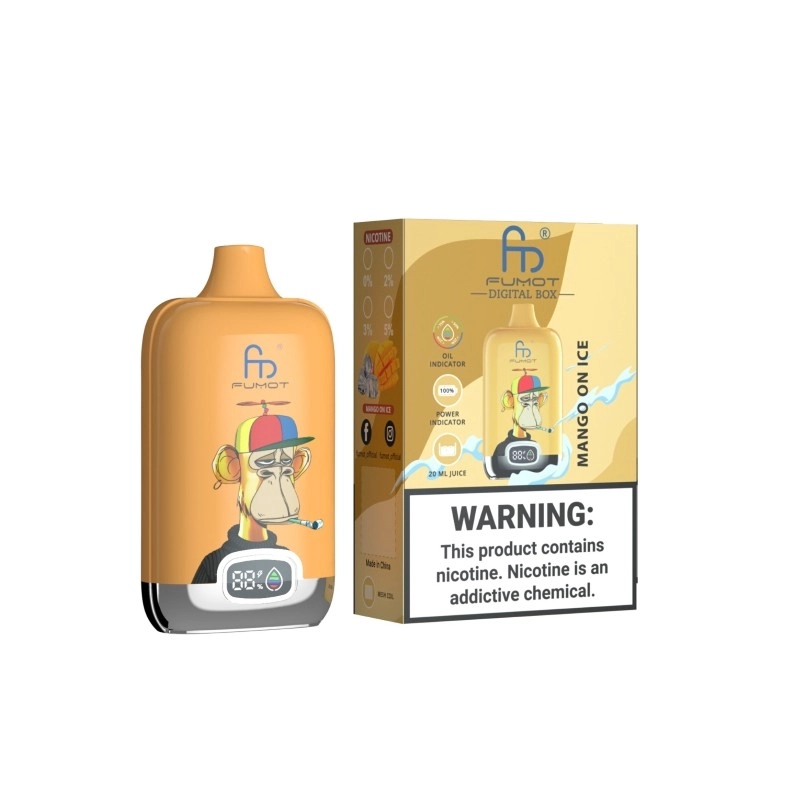 Fumot Digital Box 12000 Puffs Engangs Vape Engros 10 Fumot Digital Box 12K engangsdamper i varm orange med stiliseret abekunst og digital pustetæller foran, vist ved siden af matchende Mango Ice-produktæske med nikotinadvarsel.