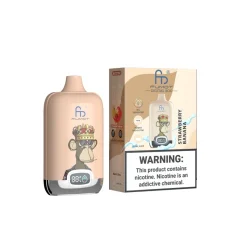 Fumot Digital Box 12000 Puffs Engangs Vape Engros 23 Fumot Digital Box 12K engangs vape i soft peach med stiliseret abekunst og digital træktæller foran, vist ved siden af matchende Strawberry Banana-produktæske med nikotinadvarsel.