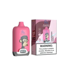Fumot Digital Box 12000 Puffs Engangs Vape Engros 22 Fumot Digital Box 12K engangsdamper i lyserød med stiliseret abeillustration og digital pustetæller foran, vist ved siden af matchende Strawberry Donut-produktæske med nikotinadvarsel.