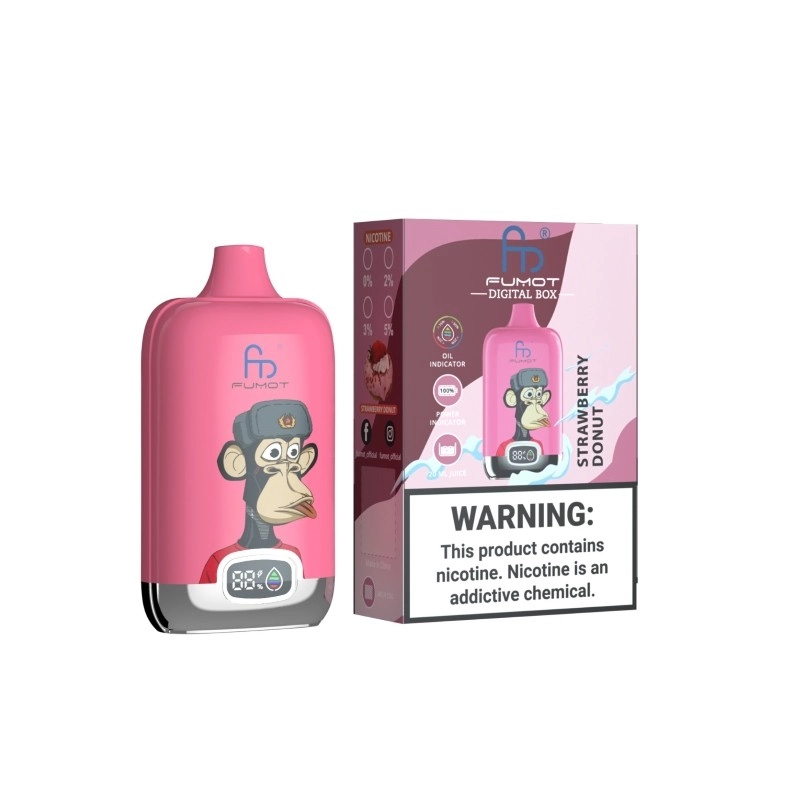 Fumot Digital Box 12000 Puffs Engangs Vape Engros 6 Fumot Digital Box 12K engangsdamper i lyserød med stiliseret abeillustration og digital pustetæller foran, vist ved siden af matchende Strawberry Donut-produktæske med nikotinadvarsel.