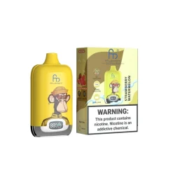 Fumot Digital Box 12000 Puffs Engangs Vape Engros 19 Fumot Digital Box 12K engangs vape i lysegul med stiliseret abe-illustration og digital pustetæller foran, vist ved siden af matchende Strawberry Watermelon-produktæske med nikotinadvarsel.
