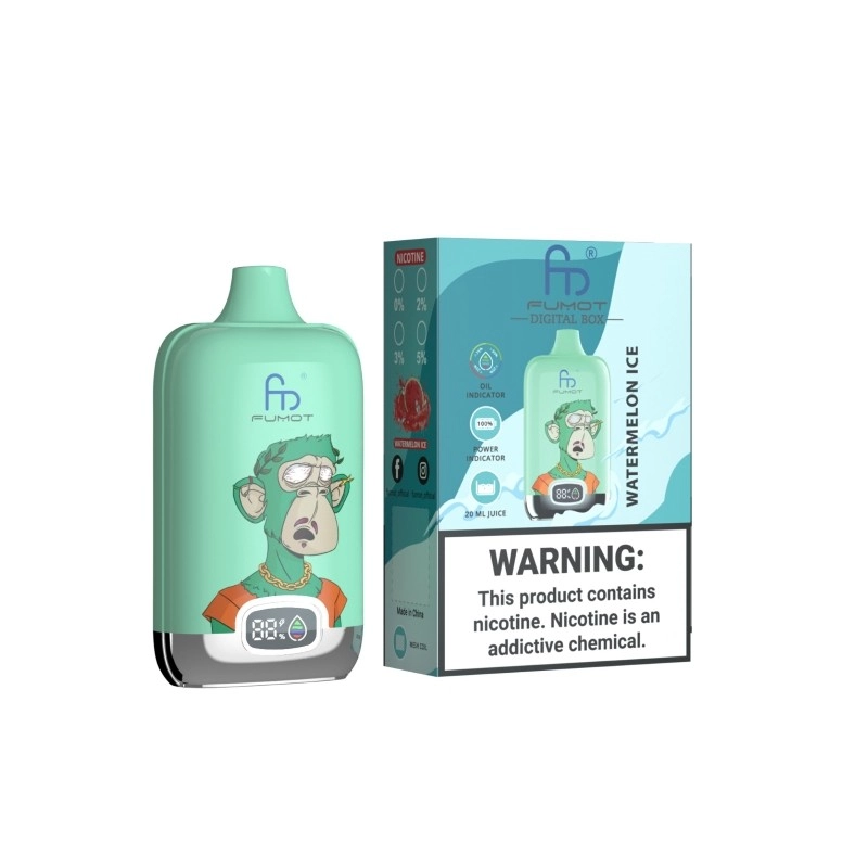 Fumot Digital Box 12000 Puffs Engangs Vape Engros 2 Fumot Digital Box 12K engangs vape i mintgrøn med stiliseret abekunst og digital pustetæller foran, vist ved siden af matchende Watermelon Ice produktboks med nikotinadvarsel.