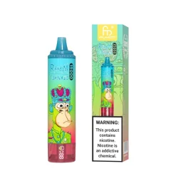 Fumot RandM Tornado 15000 engångsvape i gradient teal/pink med stiliserad apa-illustration och digital indikator längst ned visas bredvid matchande produktask Strawberry Watermelon med nikotinvarning.