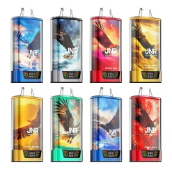 Home 45 Wholesale packaging and device image for the JNR Falcon Pro/X 28000 Puffs disposable vape, highlighting its 28,000 puff capacity, large 30mL e-liquid tank, Dual Mesh Coil, and 950mAh to 1300mAh rechargeable battery. The device features an eSmart Screen for monitoring.