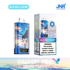 Wholesale packaging and device image for the JNR Falcon Pro 28000 Puffs disposable vape in the deep blue-themed Blue Razz Cherry flavor. The packaging highlights the huge 28,000 puff capacity, Smart Screen Display, and the rechargeable nature of the device with a 950mAh battery.