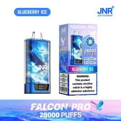 Embalaje al por mayor e imagen del dispositivo para el vapeador desechable JNR Falcon Pro 28000 Puffs en el sabor Blueberry Ice de color azul oscuro. El envase destaca la enorme capacidad de 28.000 caladas, la pantalla inteligente y la naturaleza recargable del dispositivo con una batería de 950 mAh.