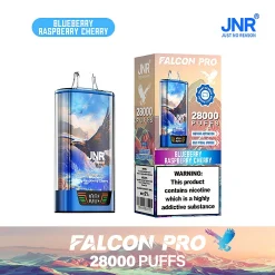 Embalaje al por mayor e imagen del dispositivo para el vape desechable JNR Falcon Pro 28000 Puffs en el sabor Blueberry Raspberry Cherry. El envase destaca la enorme capacidad de 28.000 caladas, la pantalla inteligente y la naturaleza recargable del dispositivo con una batería de 950 mAh.