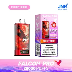 Embalaje al por mayor e imagen del dispositivo para el vapeador desechable JNR Falcon Pro 28000 Puffs en el vibrante sabor rojo Cherry Berry. El envase destaca la enorme capacidad de 28.000 caladas, la pantalla inteligente y la naturaleza recargable del dispositivo con una batería de 950 mAh.