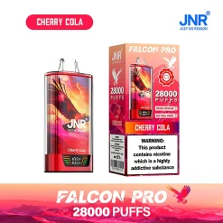 Embalaje al por mayor e imagen del dispositivo para el vape desechable JNR Falcon Pro 28000 Puffs en el sabor Cherry Cola rojo y negro. El envase destaca la enorme capacidad de 28.000 caladas, Smart Screen Display, Dual Mesh Coil, y una batería recargable de 950mAh.