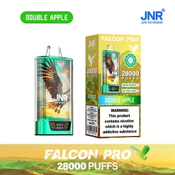 Embalaje al por mayor e imagen del dispositivo para el vapeador desechable JNR Falcon Pro 28000 Puffs en el sabor Double Apple de temática verde. El envase destaca la capacidad ultra-alta de 28.000 caladas, la pantalla Smart Screen Display, y la naturaleza recargable del dispositivo con una batería recargable de 950mAh.