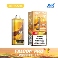 Embalaje al por mayor e imagen del dispositivo para el vapeador desechable JNR Falcon Pro 28000 Puffs en el sabor naranja Juicy Peaches o Peach Berry. El envase destaca la capacidad ultra-alta de 28.000 caladas, Smart Screen Display, Dual Mesh Coil, y la batería recargable de 950mAh.