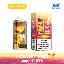 Embalaje al por mayor e imagen del dispositivo para el vapeador desechable JNR Falcon Pro/X 28000 Puffs en el sabor Mango Passion Fruit naranja y amarillo. El dispositivo cuenta con una pantalla inteligente y el envase destaca la capacidad ultra-alta de 28.000 caladas, Dual Mesh Coil, y la batería recargable de 950mAh.
