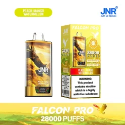 Embalaje al por mayor e imagen del dispositivo para el vapeador desechable JNR Falcon Pro 28000 Puffs en el sabor Melocotón Mango Sandía. El envase destaca la enorme capacidad de 28.000 caladas, la pantalla inteligente y la naturaleza recargable del dispositivo con una batería de 950 mAh.
