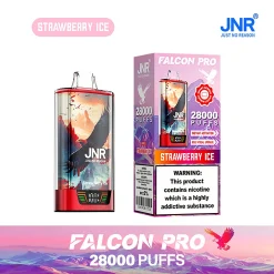 Embalaje al por mayor e imagen del dispositivo para el vapeador desechable JNR Falcon Pro 28000 Puffs en el vibrante sabor rojo Strawberry Ice. El envase destaca la enorme capacidad de 28.000 caladas, la pantalla inteligente y la naturaleza recargable del dispositivo con una batería de 950 mAh.