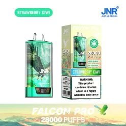 Embalaje al por mayor e imagen del dispositivo para el vape desechable JNR Falcon Pro 28000 Puffs en el sabor Strawberry Kiwi de temática verde/roja. El envase destaca la enorme capacidad de 28.000 caladas, la pantalla inteligente y la naturaleza recargable del dispositivo con una batería de 950 mAh.