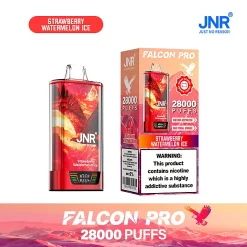Empaquetado al por mayor e imagen del dispositivo para el vape desechable JNR Falcon Pro 28000 Puffs en el sabor rojo Strawberry Watermelon Ice. El envase destaca la enorme capacidad de 28.000 caladas, la pantalla inteligente y la naturaleza recargable del dispositivo con una batería de 950 mAh.