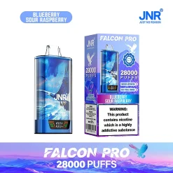 Embalaje al por mayor e imagen del dispositivo para el vapeador desechable JNR Falcon Pro 28000 Puffs en el sabor Kiwi Passion Guava de temática dorada. El envase destaca la gran capacidad de 28.000 caladas, la pantalla inteligente y la naturaleza recargable del dispositivo con una batería de 950 mAh.