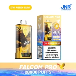 Embalaje al por mayor e imagen del dispositivo para el vapeador desechable JNR Falcon Pro 28000 Puffs en el sabor Kiwi Passion Guava de temática dorada. El envase destaca la gran capacidad de 28.000 caladas, la pantalla inteligente y la naturaleza recargable del dispositivo con una batería de 950 mAh.