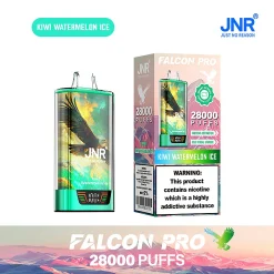 Embalaje al por mayor e imagen del dispositivo para el vapeador desechable JNR Falcon Pro 28000 Puffs en el sabor Kiwi Watermelon Ice de temática verde/roja. El envase destaca la enorme capacidad de 28.000 caladas, la pantalla inteligente y la naturaleza recargable del dispositivo con una batería de 950 mAh.