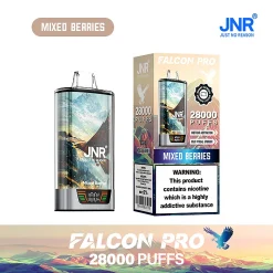 Embalaje al por mayor e imagen del dispositivo para el vaporizador desechable JNR Falcon Pro 28000 Puffs en el sabor Mixed Berries de color púrpura. El envase destaca la gran capacidad de 28.000 caladas, la pantalla inteligente y la batería recargable de 950 mAh.