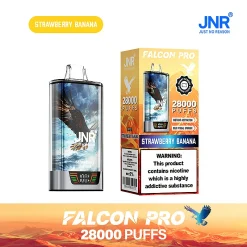 Embalaje al por mayor e imagen del dispositivo para el vapeador desechable JNR Falcon Pro/X 28000 Puffs en el brillante sabor rojo y amarillo Strawberry Banana. El envase destaca la capacidad ultra-alta de 28.000 caladas, Smart Screen Display, y la naturaleza recargable del dispositivo con una batería de 950mAh.