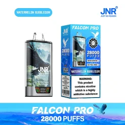 Embalaje al por mayor e imagen del dispositivo para el vape desechable JNR Falcon Pro/X 28000 Puffs en el sabor Watermelon Bubblegum rosa/rojo. El envase destaca la enorme capacidad de 28.000 caladas, el indicador Smart Screen y la funcionalidad recargable con puerto USB-C.
