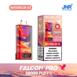 Embalaje al por mayor e imagen del dispositivo para el vapeador desechable JNR Falcon Pro 28000 Puffs en el sabor rojo Watermelon Ice. El dispositivo es de color rojo / negro y cuenta con una pantalla inteligente, con el embalaje destacando el enorme recuento de 28.000 caladas, activación instantánea, y la actualización visual negrita.