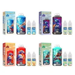 Home 23 Four JNR Falcon X disposable vapes with colorful eagle artwork on each device, shown next to matching flavor e-liquid bottles and product boxes; product claims up to 28,000 puffs and includes dual-mouthpiece design.