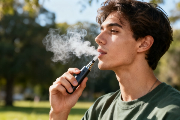 What are vapes and disposable vapes? What are the types of electronic cigarettes? 8 Jonge man gebruikt een vape-apparaat buiten en ademt damp uit in een parkomgeving.