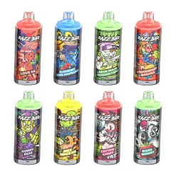 Nueve vaporizadores desechables Razz Bar con coloridas ilustraciones estilo graffiti y etiquetas de varios sabores (Love 66, Blueberry Sour Raspberry, Lemon Peach Passion Fruit, Strawberry Banana, Gummy Bear, Juicy Peach Ice, Cotton Candy, Mixed Berries), cada dispositivo puede dar hasta 60.000 caladas.