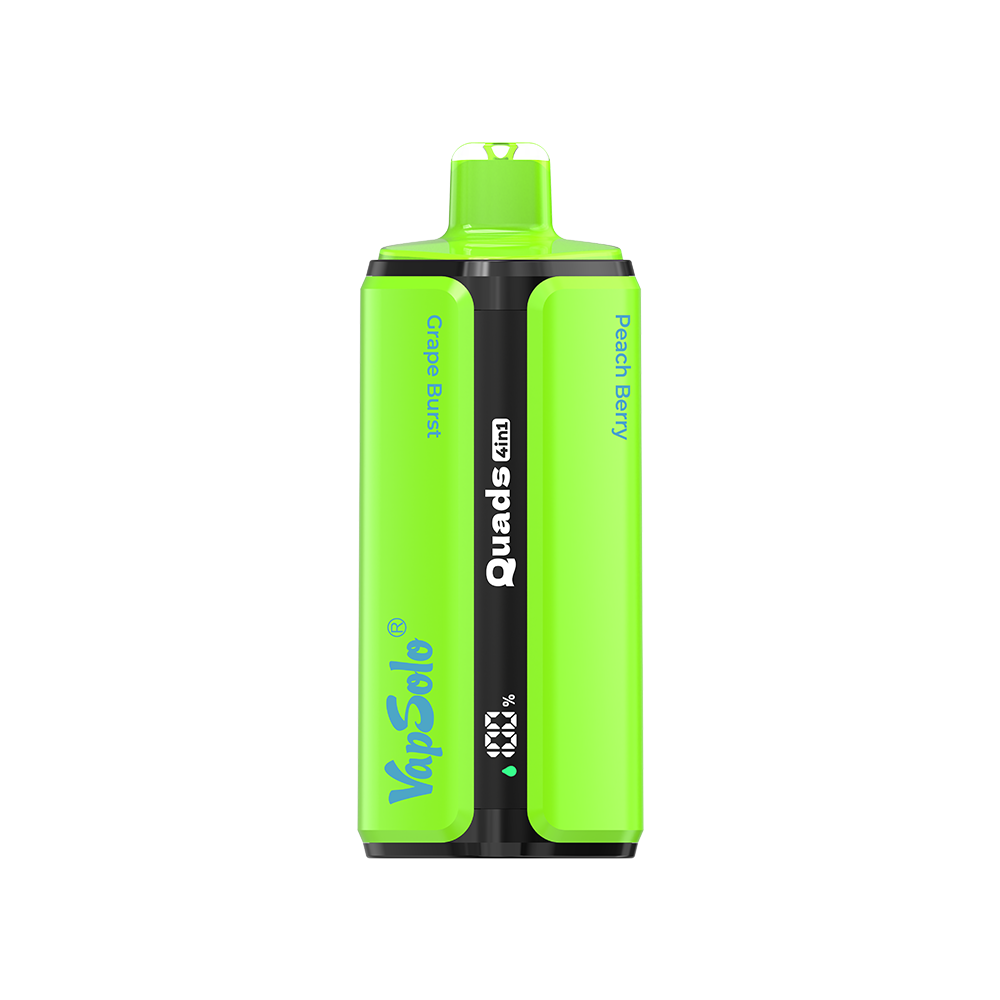 VapSolo Quads 80K 4-in-1 disposable vape in bright green, showing quad-chamber panels labeled Grape Burst, Lychee Ice, Peach Berry, and Kiwi Passionfruit Guava; compact multi-flavor device designed for easy switching and long-lasting 80,000‑puff capacity.