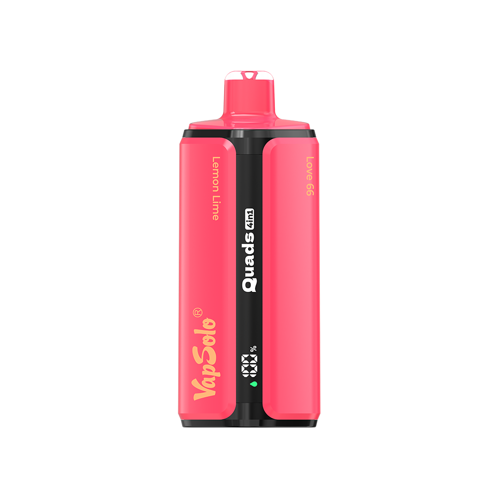 5 Most Popular Disposable Vape Flavors You Should Try This Summer 3 VapSolo Quads 80K 4-i-1 engangs vape i pink, quad-kammer design mærket med smagsvarianter Lemon Lime, Watermelon Ice, Black Ice Dragonfruit Strawberry og Love66; kompakt multismagsenhed med 80.000-puff kapacitet.