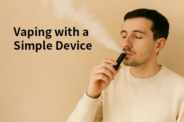 What Is Vaping and How to Vape: A Complete Guide for Beginners in 2025 7 En person som använder en kompakt enhet för att ånga, vilket ger upphov till en moln av ånga, åtföljt av texten "Ånga med en enkel enhet"."
