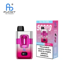 Fumot Eco 2in1 50k Disposable Vape Wholesale 14 FUMOT Eco 2in1 50k Disposable Vape with flavors Banana Ice and Black Dragon Ice, showcasing a sleek pink and silver design, and branded packaging indicating 50,000 puffs.