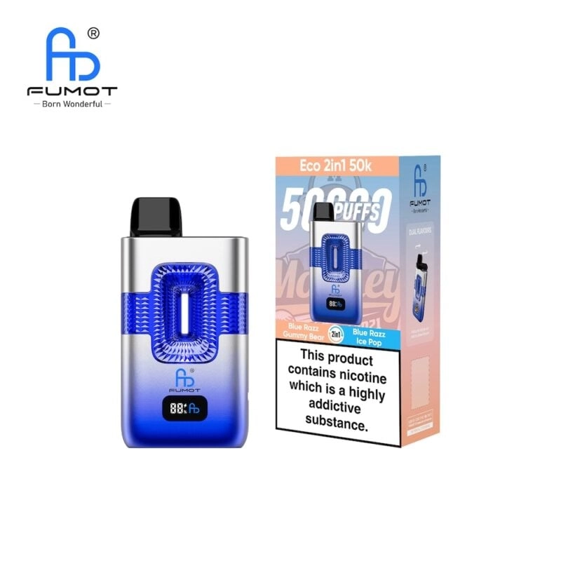 Fumot Eco 2in1 50k Disposable Vape Wholesale 5 Fumot Eco 2in1 50k disposable vape featuring Blue Razz Gummy Bear and Blue Razz Ice Pop flavors with 50000 puffs.
