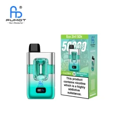 Fumot Eco 2in1 50k Disposable Vape Wholesale 11 Fumot Eco 2in1 50k Disposable Vape with Cool Mint and Watermelon Ice flavors, featuring 50000 puffs and nicotine content warning.