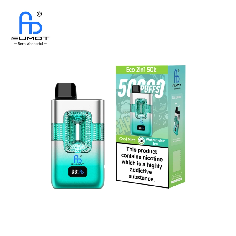 Fumot Eco 2in1 50k Disposable Vape Wholesale 4 Fumot Eco 2in1 50k Disposable Vape with Cool Mint and Watermelon Ice flavors, featuring 50000 puffs and nicotine content warning.