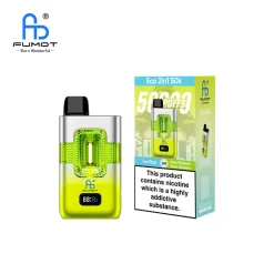 Fumot Eco 2in1 50k Disposable Vape Wholesale 10 Fumot Eco 2in1 50k disposable vape in yellow-green with packaging, featuring flavors Ice Pop and Kiwi Passion Fruit Guava, offering 50,000 puffs.