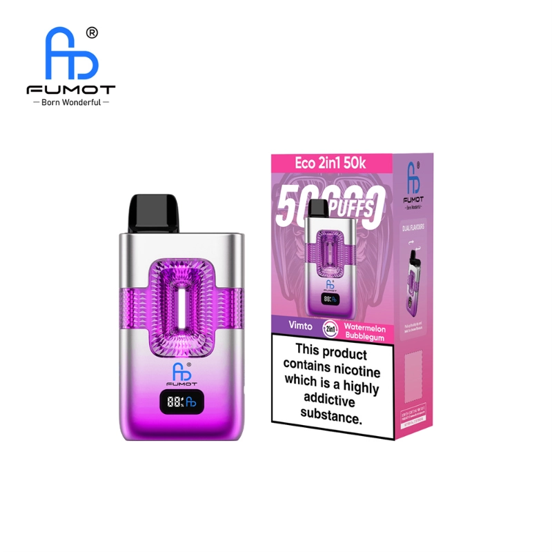 Fumot Eco 2in1 50k Disposable Vape Wholesale 2 Fumot Eco 2in1 50k disposable vape featuring 50,000 puffs in Vimto and Watermelon Bubblegum flavors. The vape device is silver with a purple accent and digital display, alongside its branded packaging.