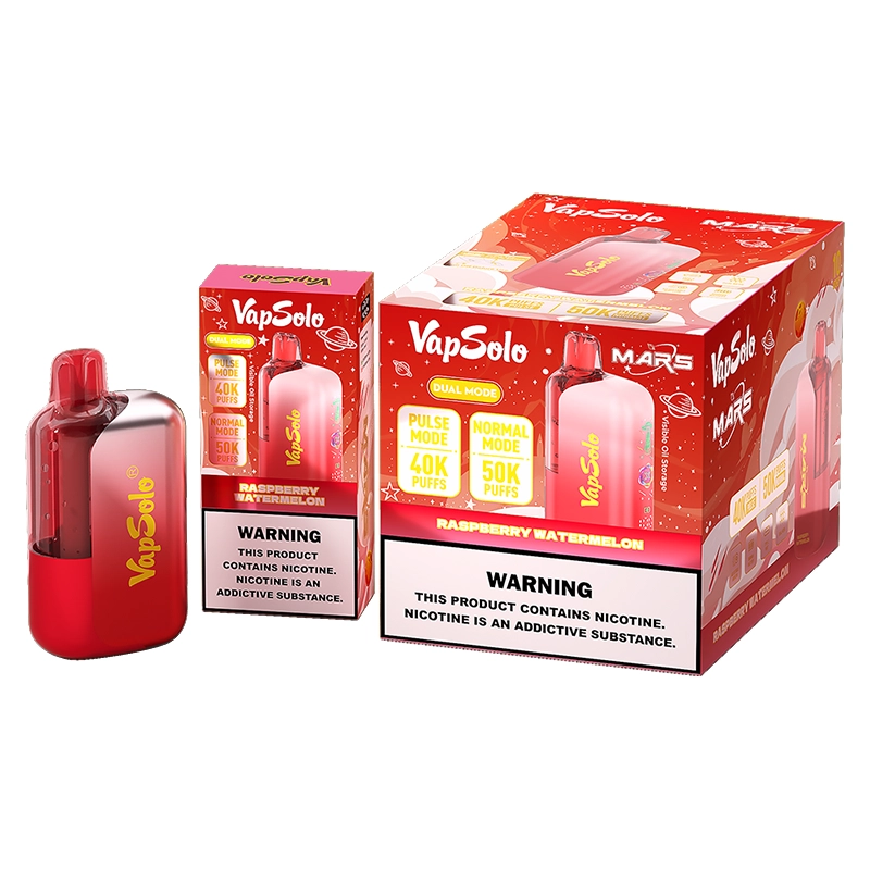 Which Vape Flavor Delivers the Strongest Throat Hit in Europe? 2026 Vapsolo Power Guide 3 Vapsolo Mars disposable vape in Raspberry Watermelon flavor featuring dual modes with 40K and 50K puff options, alongside product packaging, warning labels, and branding.