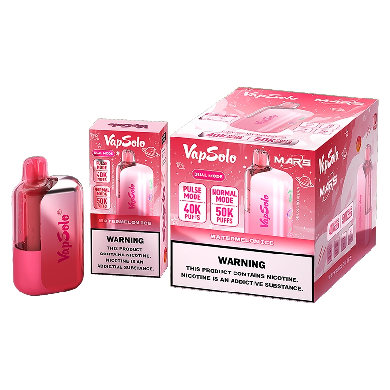 Which Vape Flavor Delivers the Strongest Throat Hit in Europe? 2026 Vapsolo Power Guide 1 Vapsolo Mars disposable vape with Watermelon Ice flavor, showing dual modes with 40K and 50K puffs, and bold branding on packaging.