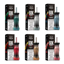 Home 31 Image of six AL-Fakher Crown Bar 60K E-Hose X vape devices in diverse flavors including Mint, Watermelon Kiwi, Two Apple, Pineapple Ice, and Peach Ice. Each device displayed with its packaging indicating 60,000 puffs.