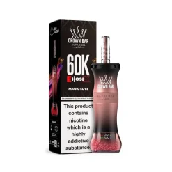 AL Fakher Crown Bar 60k Puffs Disposable Vape Wholesale 28 Al Fakher Crown Bar E-Hose X with Magic Love flavor, offering 60,000 puffs. Box display includes brand logo and nicotine warning.
