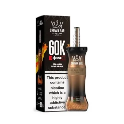 AL Fakher Crown Bar 60k Puffs Disposable Vape Wholesale 29 Al Fakher Crown Bar 60K Puffs E-HoseX vape in Mango Pineapple flavor with packaging. Includes nicotine warning.
