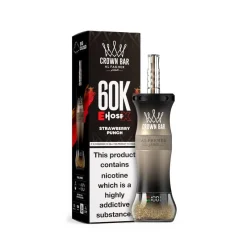 AL Fakher Crown Bar 60k Puffs Disposable Vape Wholesale 30 Al Fakher Crown Bar E Hose X 60K puffs device in Strawberry Punch flavor, featuring a sleek black design with a clear base, presented alongside its branded packaging.