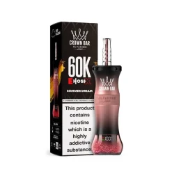 AL Fakher Crown Bar 60k Puffs Disposable Vape Wholesale 31 Al Fakher Crown Bar 60K EHOSE X vape in Summer Dream flavor with packaging. Text highlights the nicotine content and addictive nature.