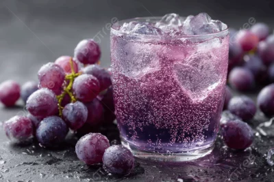 What Are the Most Popular Disposable Vape Flavors in 2026? 10 Glass of purple, frothy Grape Ice beverage with ice cubes, surrounded by fresh purple grapes on a textured surface.